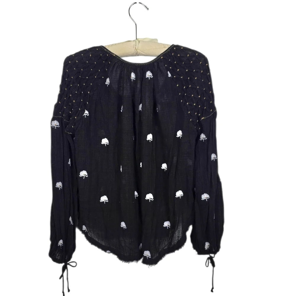 Free People Gauzy Floral Embroidered Peasant Blouse Henley Neck Black White XS